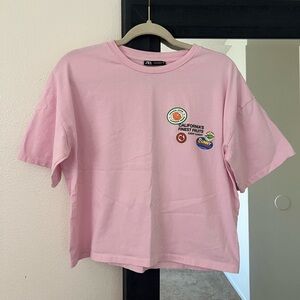 Zara Light Pink Short Sleeve Tee with Fruit Patch Graphics